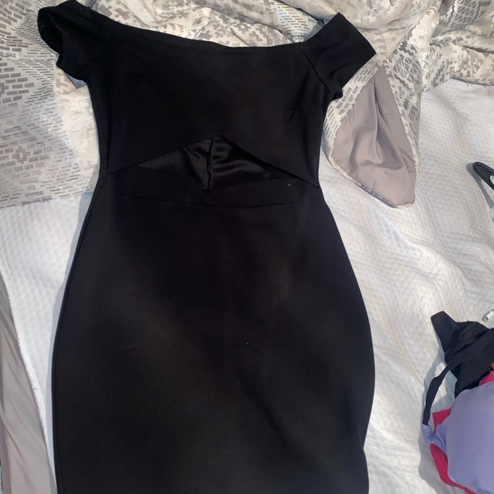 Black cutout off the shoulder shirt dress